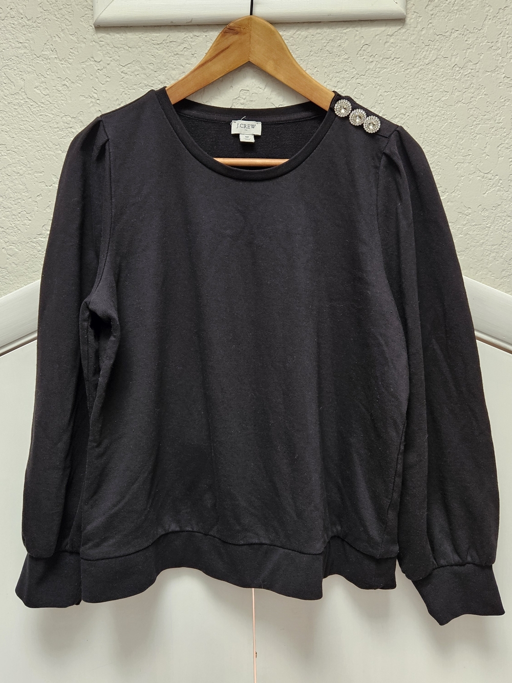 J.Crew Black Rhinestone Button Shoulder Puff Sleeve Sweatshirt Pullover M